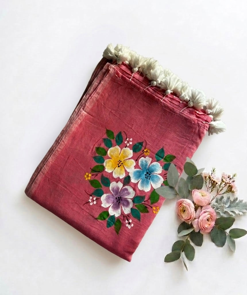 Pure Handloom Mul Cotton 120 Count Dusty Rose Pink Handpainted Saree