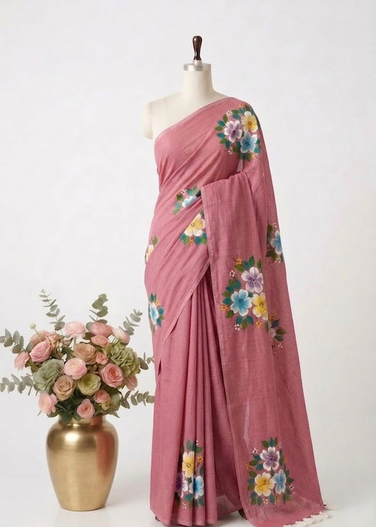 Pure Handloom Mul Cotton 120 Count Dusty Rose Pink Handpainted Saree