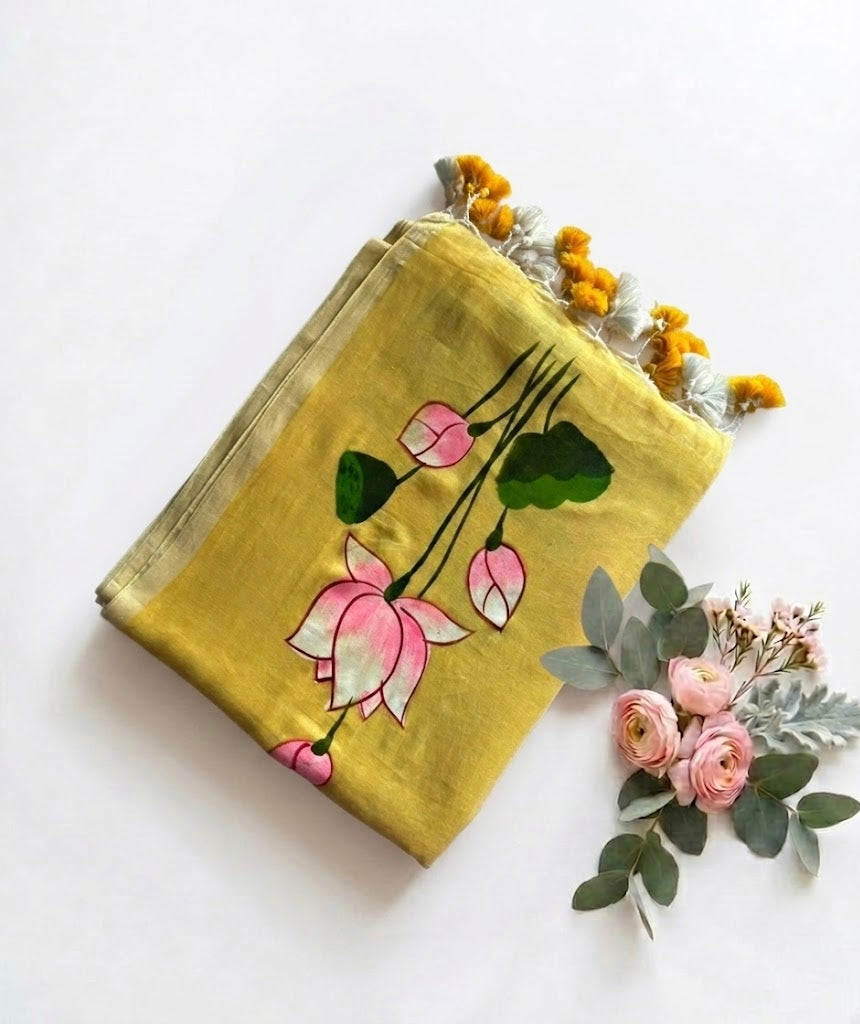 Pure Handloom Mul Cotton 120 Count Lemon Yellow Handpainted Saree
