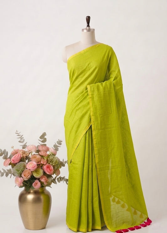 Pure Handloom  Mul Cotton Parrot Green Plain 120 Count Saree