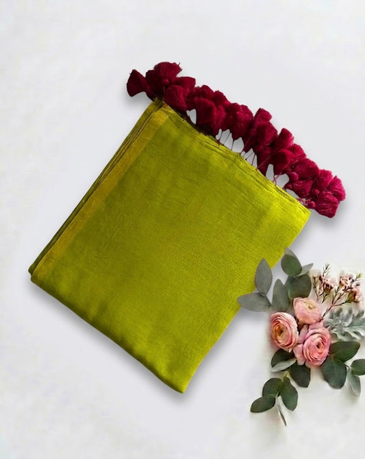 Pure Handloom  Mul Cotton Parrot Green Plain 120 Count Saree