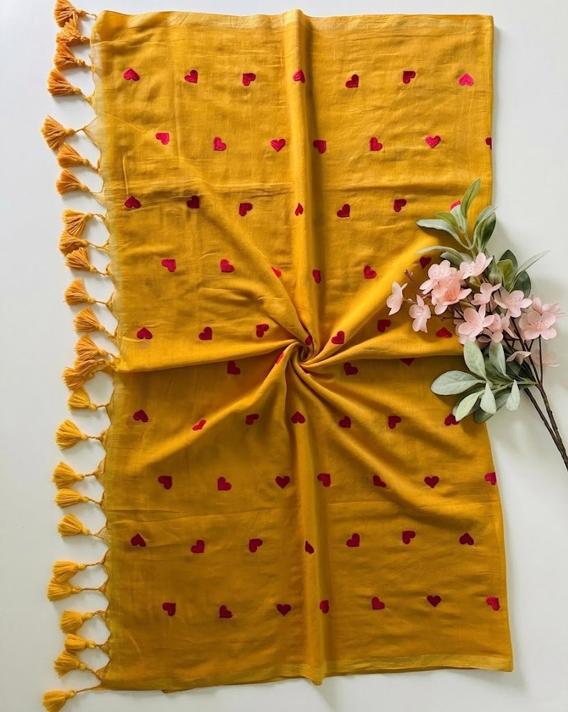 Pure Handloom Mul Cotton 120 Count Mustard Yellow Saree with Embroidered Heart Motifs