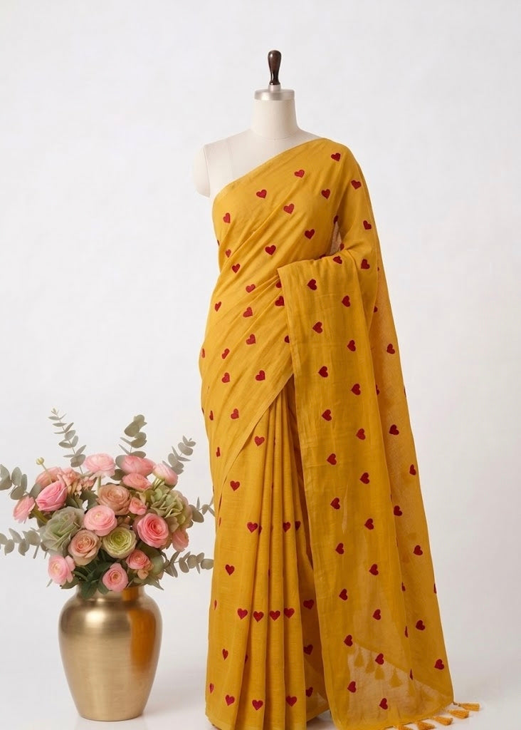 Pure Handloom Mul Cotton 120 Count Mustard Yellow Saree with Embroidered Heart Motifs