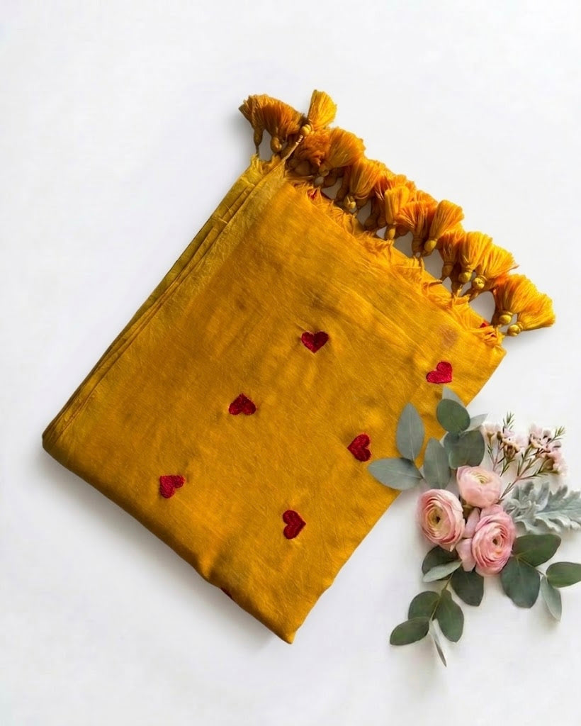 Pure Handloom Mul Cotton 120 Count Mustard Yellow Saree with Embroidered Heart Motifs