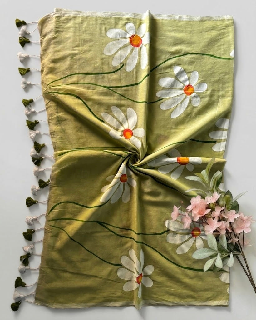 Pure Handloom Mul Cotton 120 Count Pistachio Green Handpainted Saree
