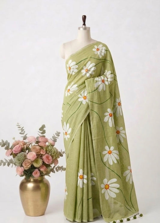 Pure Handloom Mul Cotton 120 Count Pistachio Green Handpainted Saree
