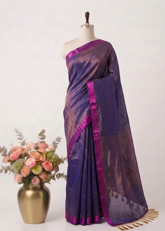 Pure Handloom Plane Mul Tissue Saree - Purple Lightweight Saree with Contrast Border