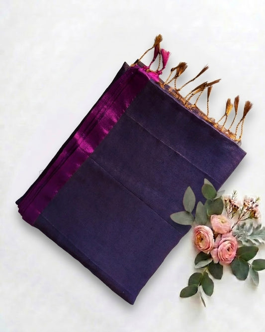 Pure Handloom Plane Mul Tissue Saree - Purple Lightweight Saree with Contrast Border