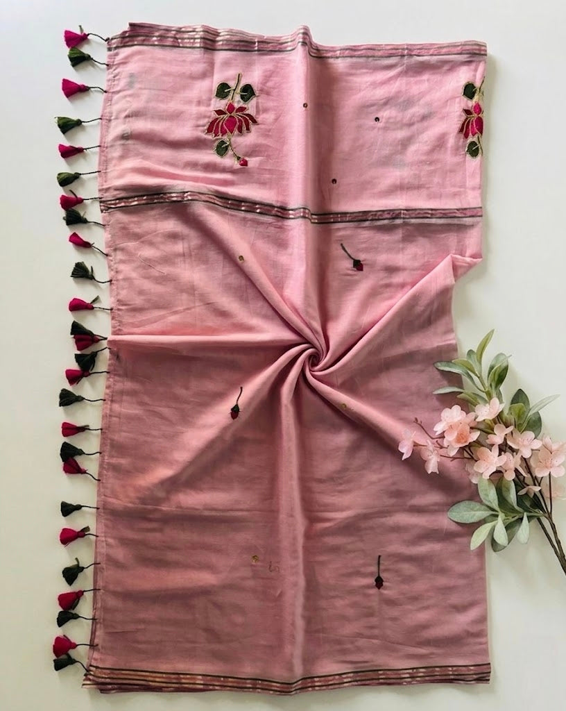 Pure Handloom Mul Cotton 120 Count Baby Pink Saree with Gotta Patti
