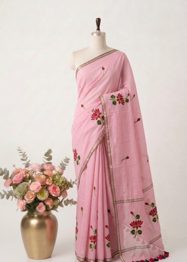 Pure Handloom Mul Cotton 120 Count Baby Pink Saree with Gotta Patti
