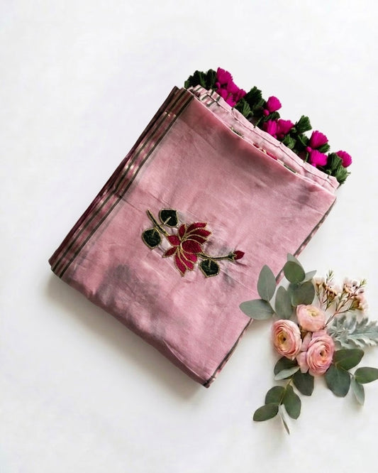 Pure Handloom Mul Cotton 120 Count Baby Pink Saree with Gotta Patti