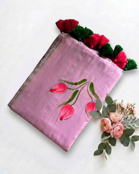 Pure Handloom Mul Cotton 120 Count Baby Pink Saree with Hand-Painted Tulip Motifs