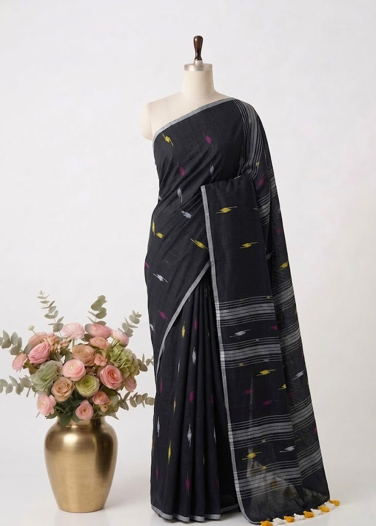 Pure Handloom Mul Cotton 120 Count Black Jamdani Saree Elegant weave