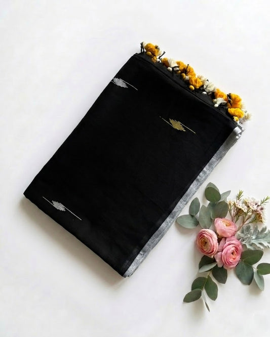 Pure Handloom Mul Cotton 120 Count Black Jamdani Saree Elegant weave