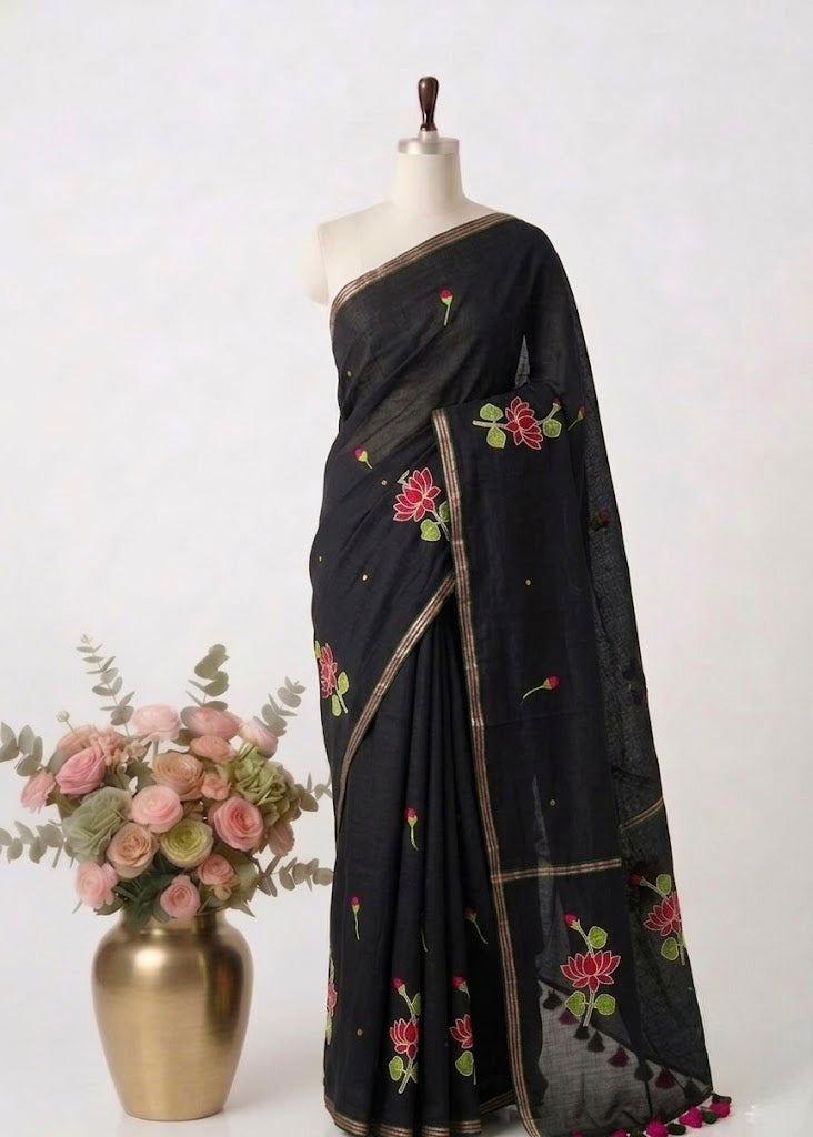 Pure Handloom Mul cotton 120 Count Black Saree with  Gotta Patti