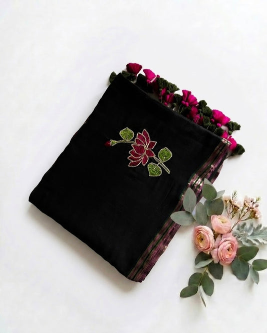 Pure Handloom Mul cotton 120 Count Black Saree with  Gotta Patti