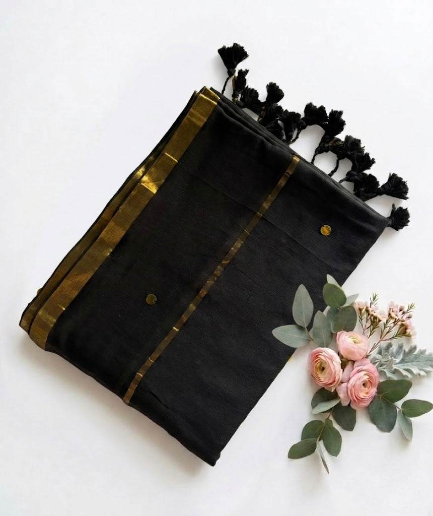 Pure Handloom Mul Cotton Saree – 120 Count Black Saree with Sequin Motifs