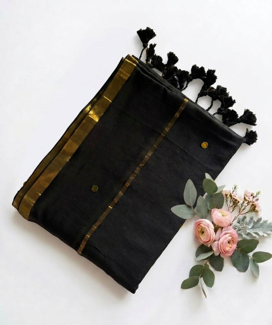 Pure Handloom Mul Cotton Saree – 120 Count Black Saree with Sequin Motifs