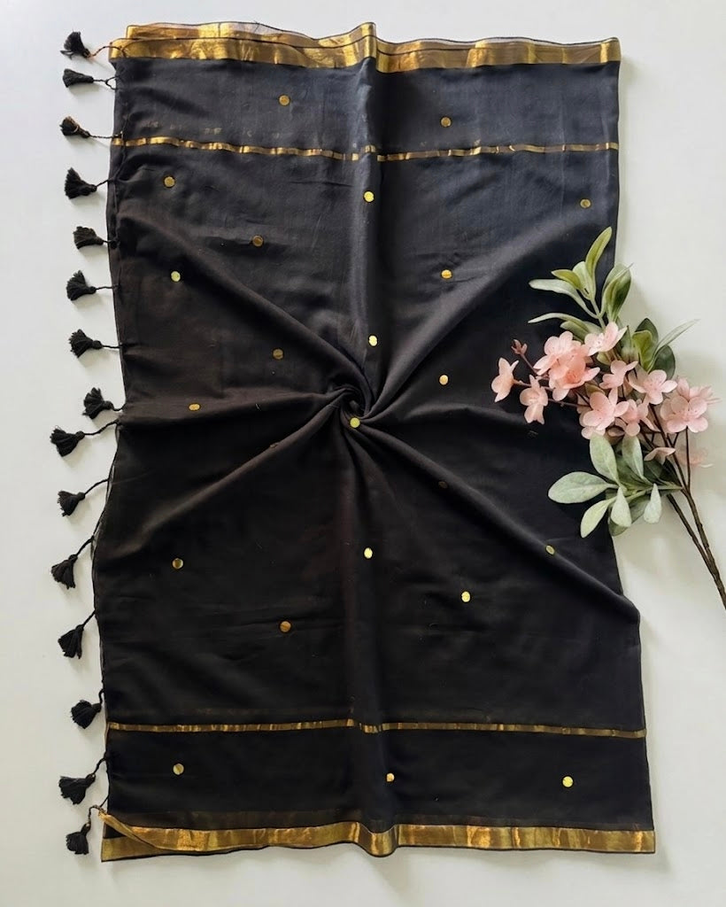 Pure Handloom Mul Cotton Saree – 120 Count Black Saree with Sequin Motifs