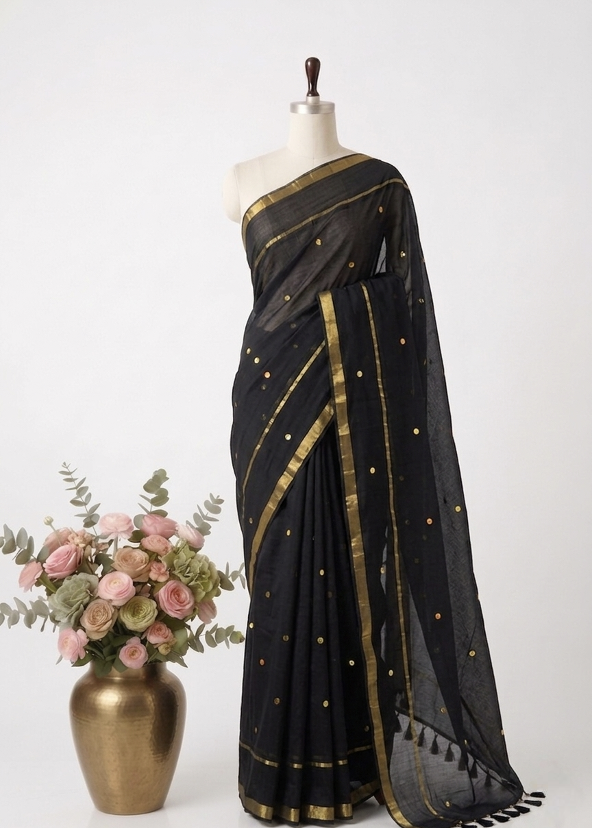 Pure Handloom Mul Cotton Saree – 120 Count Black Saree with Sequin Motifs