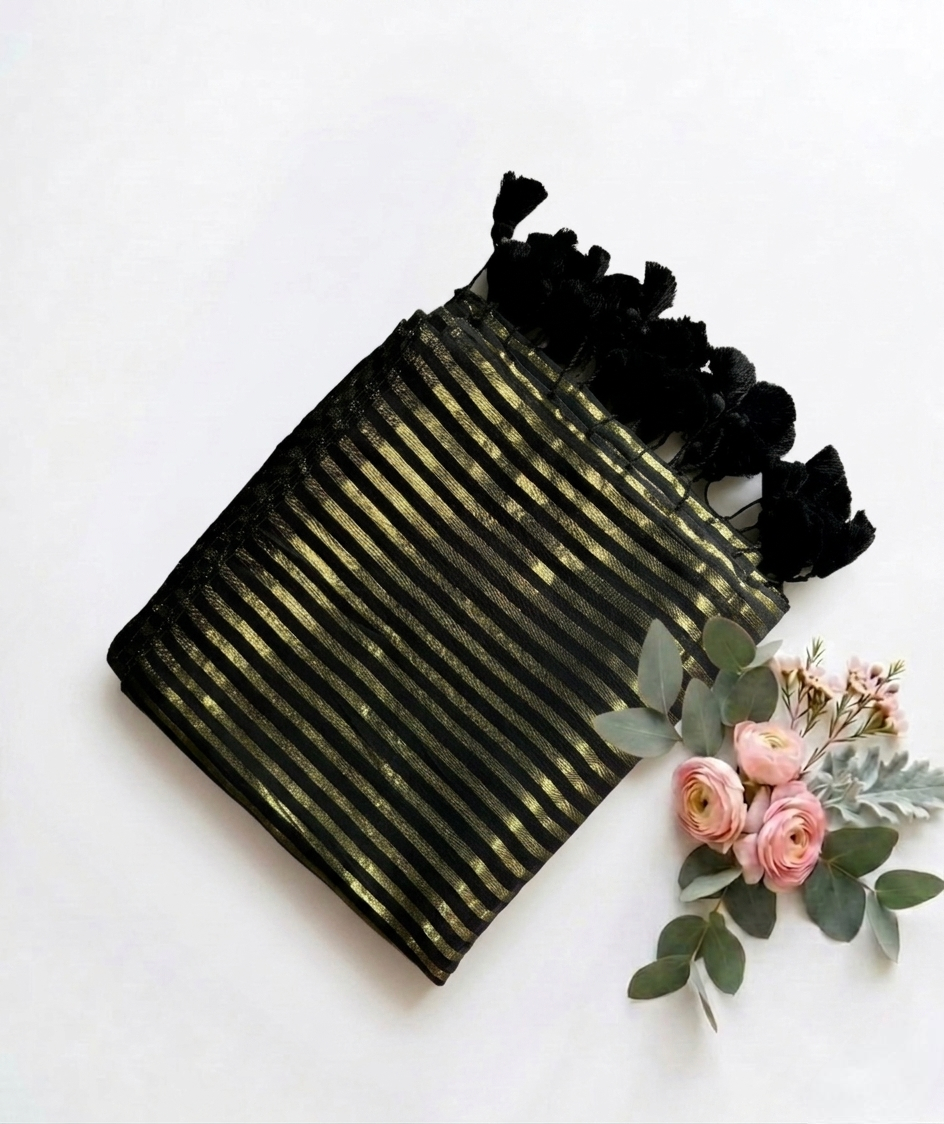 Pure Handloom Mul Cotton 120 Count Black Saree with Tissue Stripes