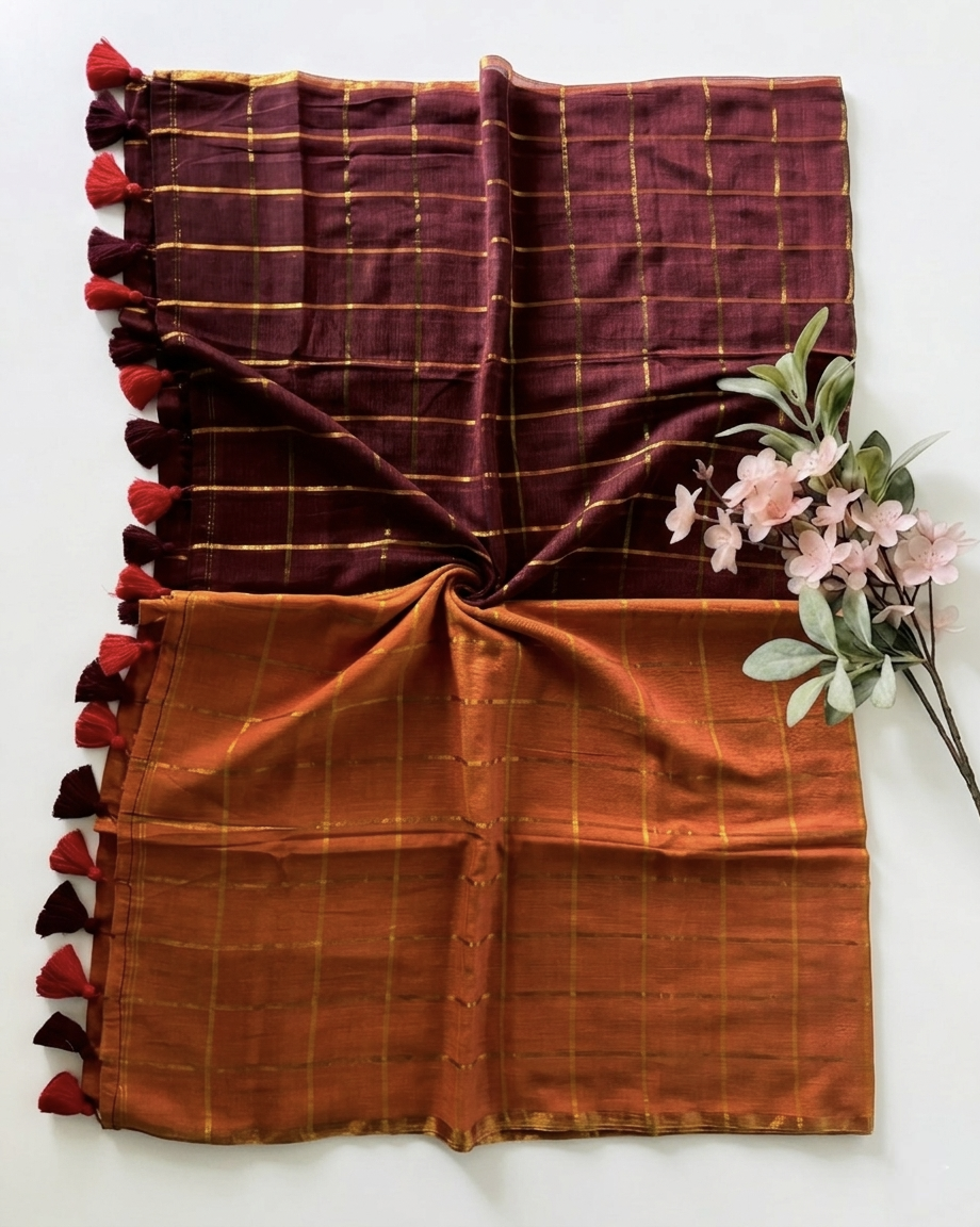 Pure Handloom Mul Cotton 120 Count Burnt Orange & Burgundy Checked Saree