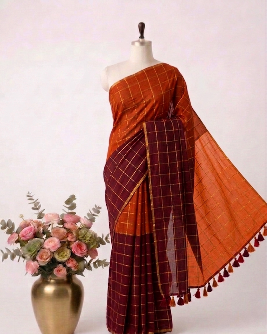 Pure Handloom Mul Cotton 120 Count Burnt Orange & Burgundy Checked Saree