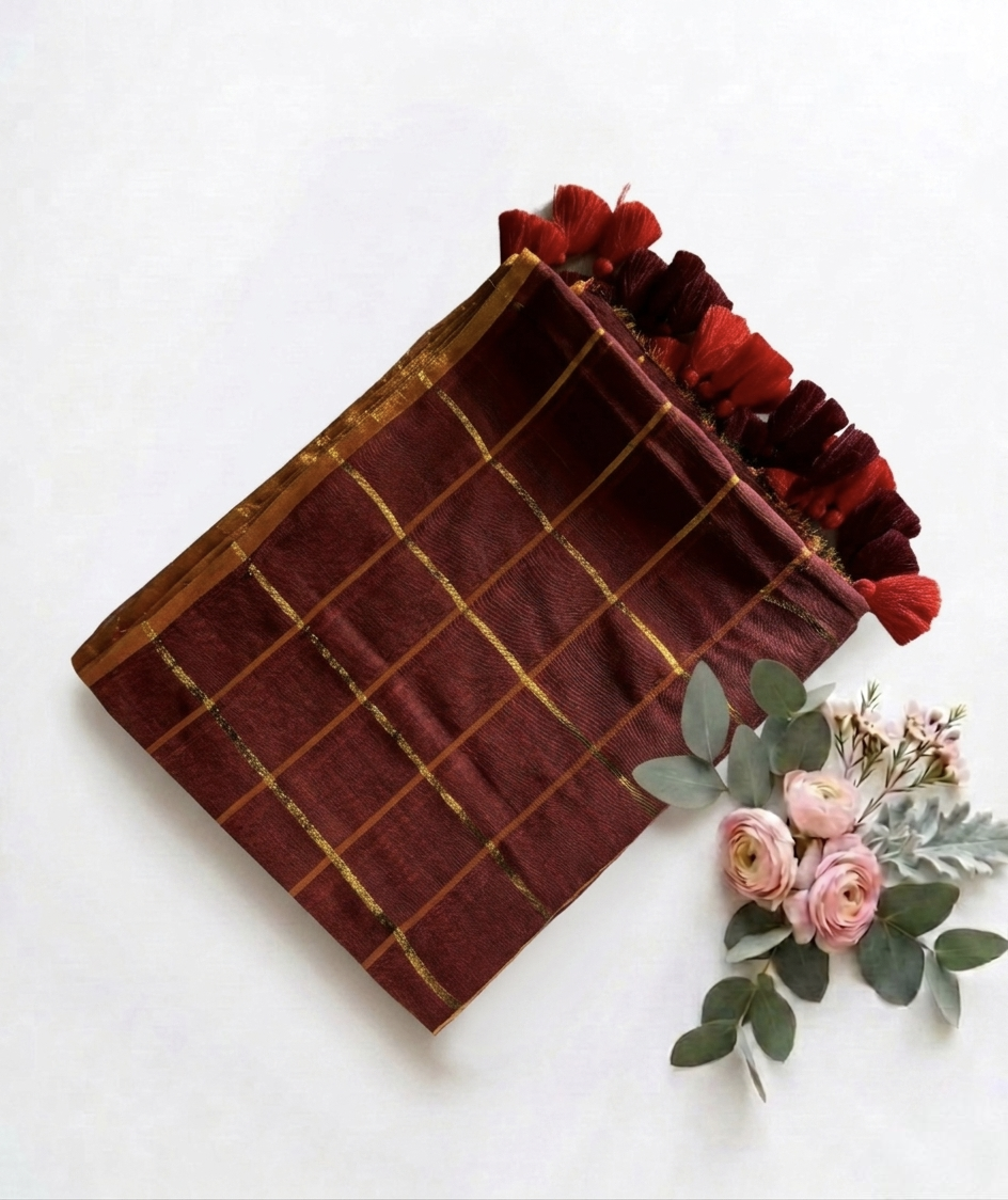 Pure Handloom Mul Cotton 120 Count Burnt Orange & Burgundy Checked Saree