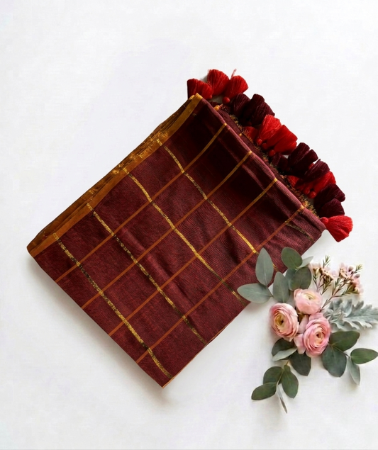 Pure Handloom Mul Cotton 120 Count Burnt Orange & Burgundy Checked Saree