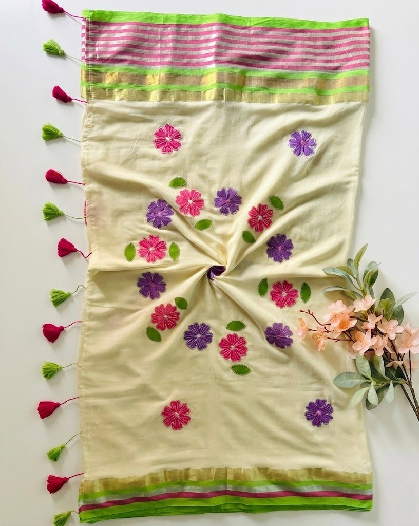 Pure Handloom Mul Cotton 120 Count Ivory cream Saree with Floral Applique Work