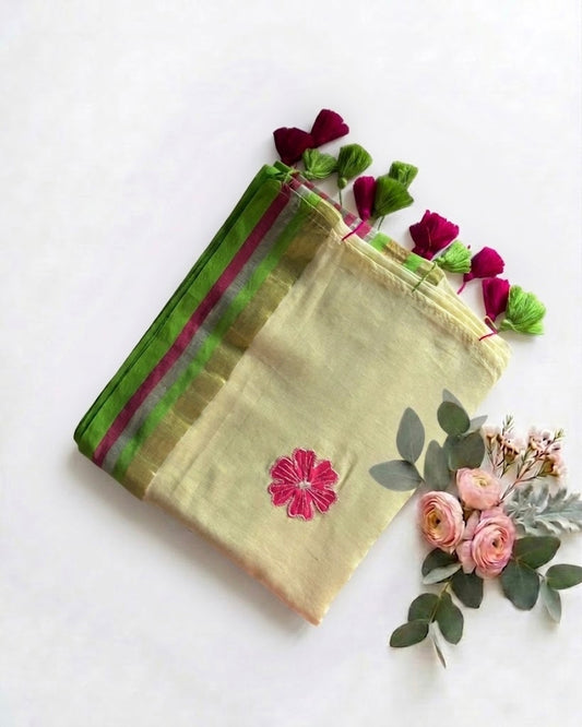 Pure Handloom Mul Cotton 120 Count Ivory cream Saree with Floral Applique Work