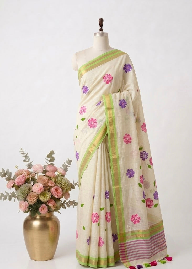 Pure Handloom Mul Cotton 120 Count Ivory cream Saree with Floral Applique Work