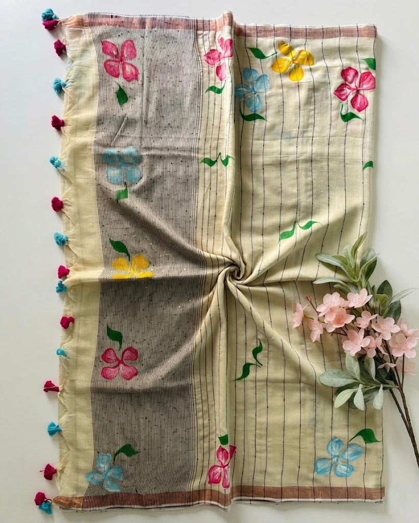 Pure Handloom  Mul Cotton 120 Count Ivory Saree with Hand painted Floral Motifs
