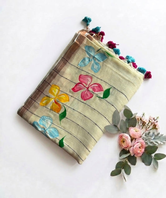 Pure Handloom  Mul Cotton 120 Count Ivory Saree with Hand painted Floral Motifs