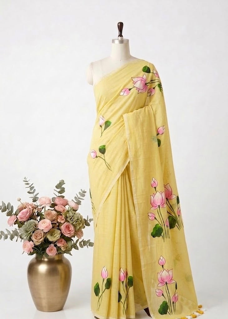 Pure Handloom Mul Cotton 120 Count Lemon Yellow Handpainted Saree