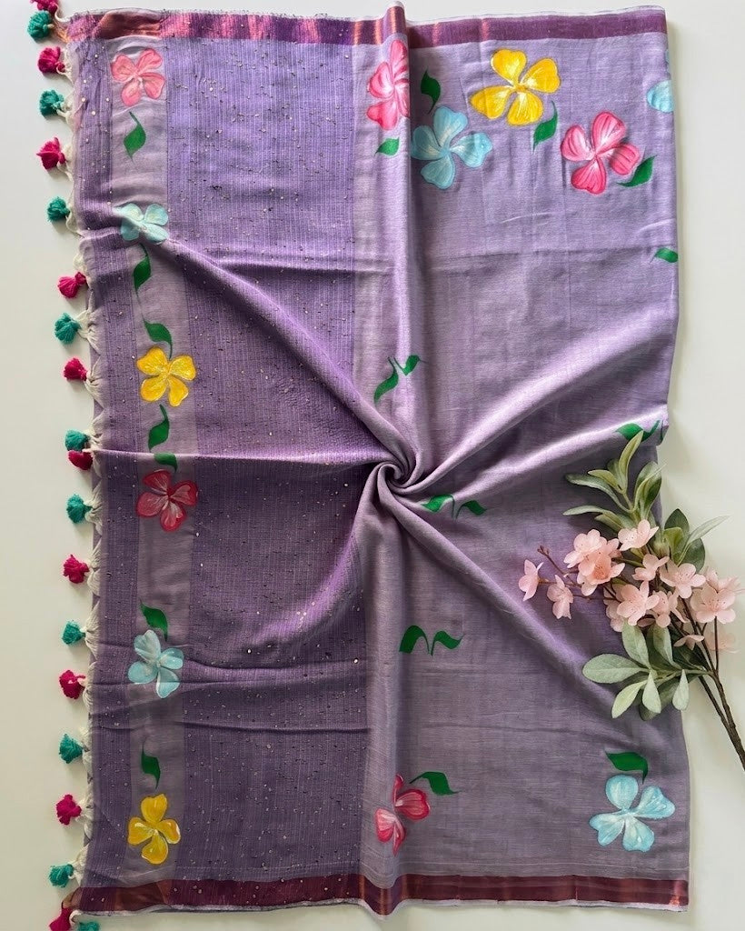 Pure Handloom Mul Cotton 120 Count Light Lilac Purple Saree with Hand-Painted Floral Design