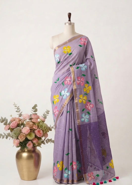 Pure Handloom Mul Cotton 120 Count Light Lilac Purple Saree with Hand-Painted Floral Design
