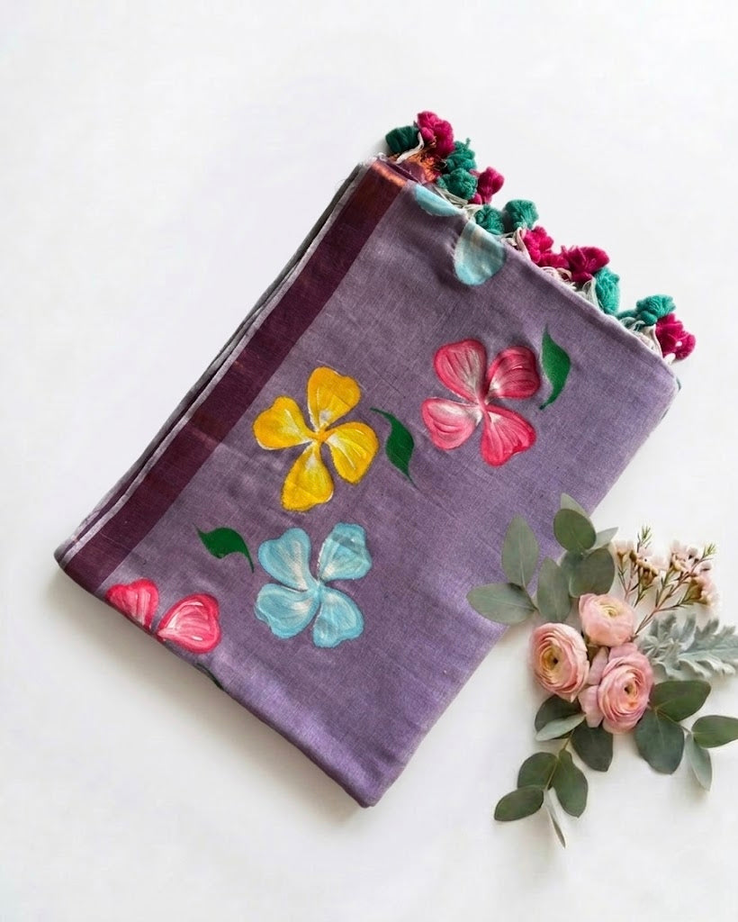 Pure Handloom Mul Cotton 120 Count Light Lilac Purple Saree with Hand-Painted Floral Design