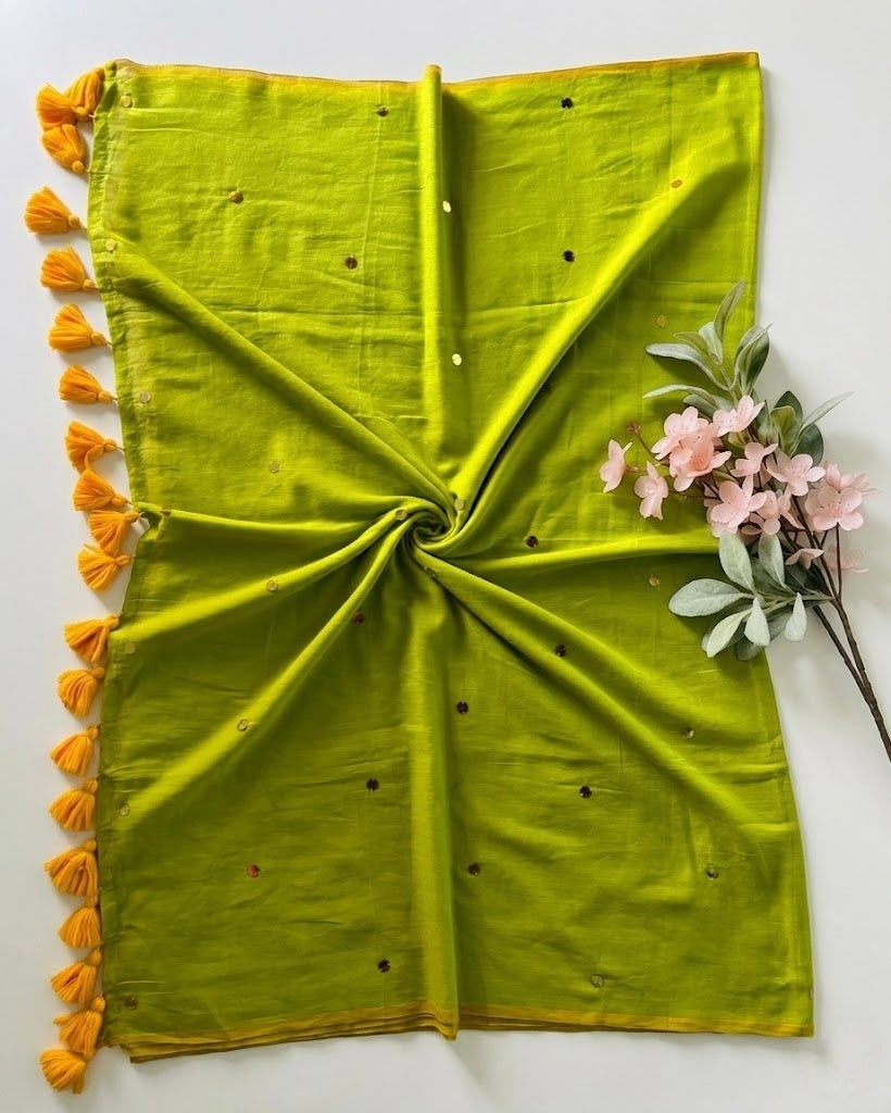 Pure Handloom Mul Cotton Saree – 120 Count Parrot Green With Sequin Motifs