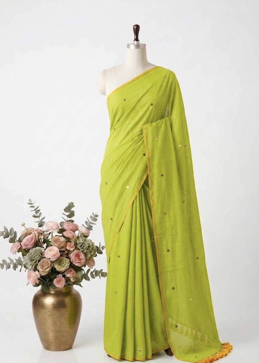 Pure Handloom Mul Cotton Saree – 120 Count Parrot Green With Sequin Motifs