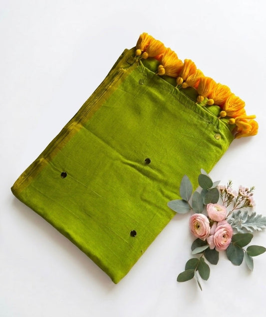 Pure Handloom Mul Cotton Saree – 120 Count Parrot Green With Sequin Motifs