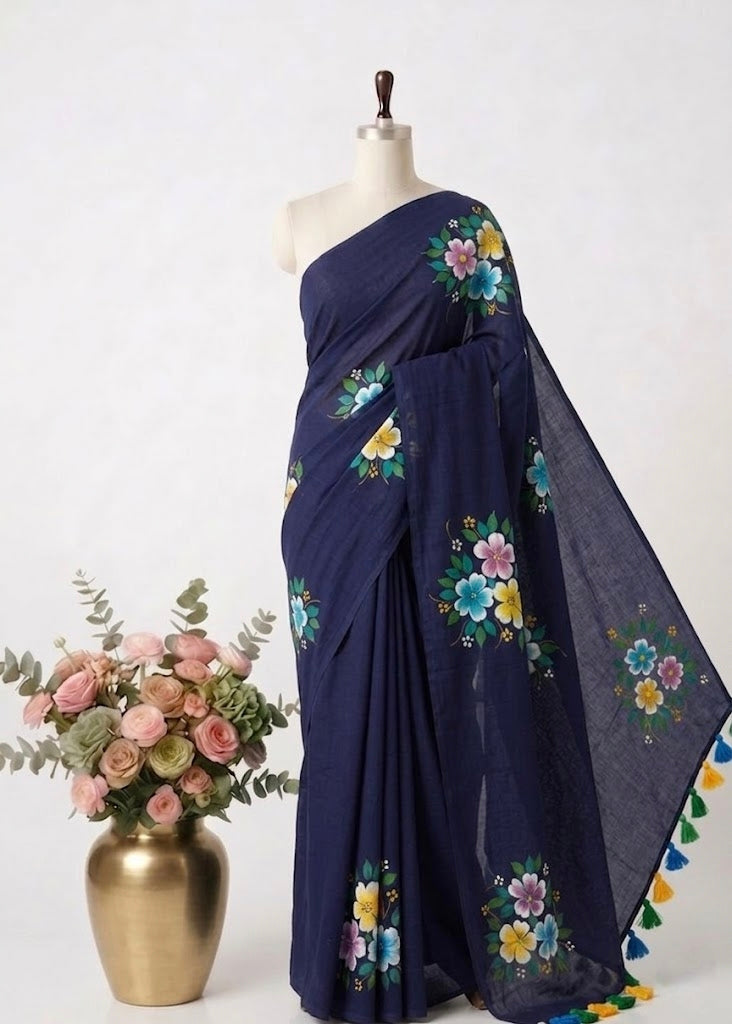 Pure Handloom Mul Cotton 120 Count Navy Blue Hand Painted Saree