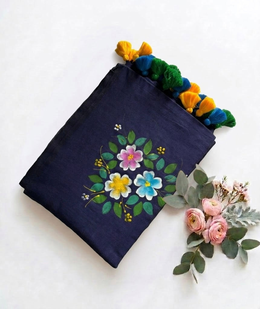Pure Handloom Mul Cotton 120 Count Navy Blue Hand Painted Saree