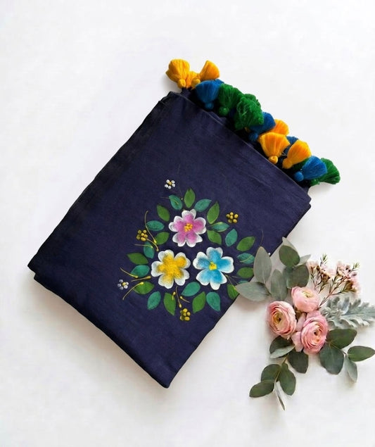 Pure Handloom Mul Cotton 120 Count Navy Blue Hand Painted Saree