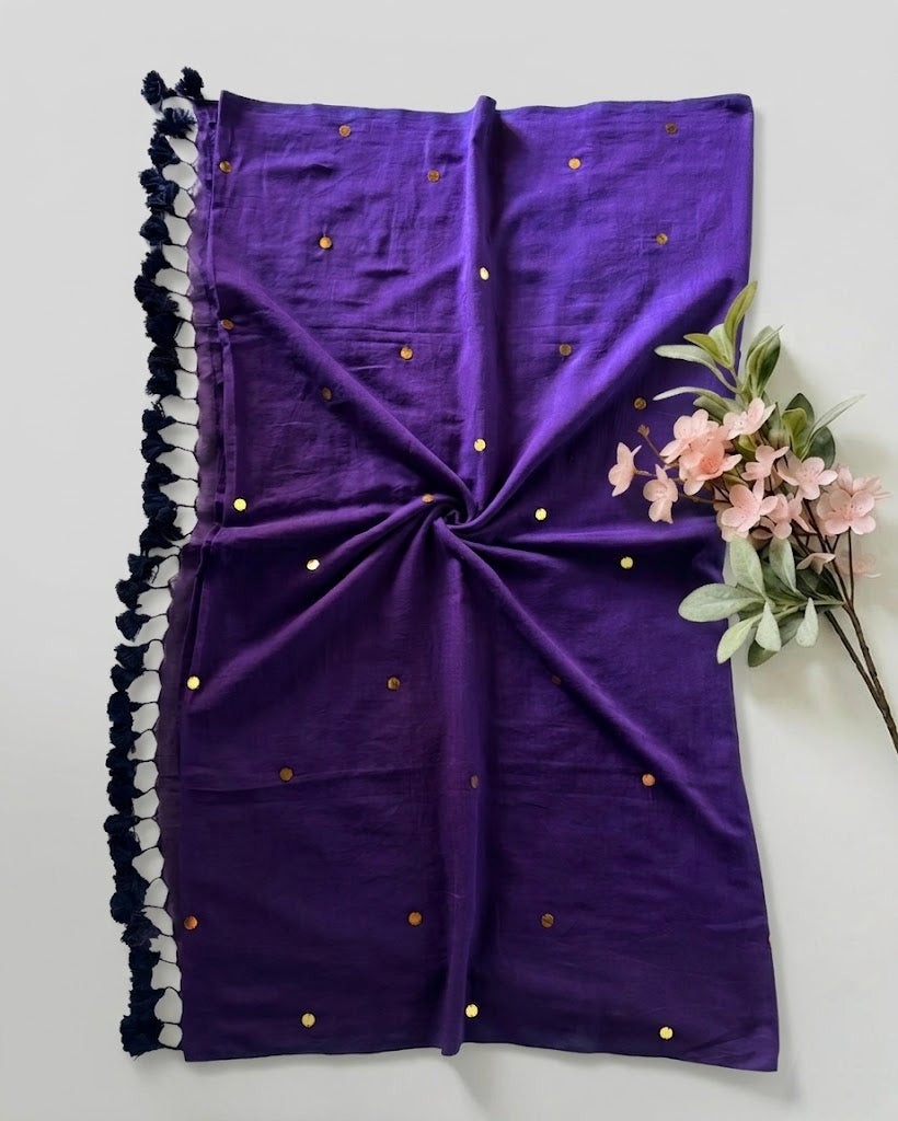 Pure Handloom Mul Cotton Saree – 120 Count Purple With Sequin Motifs