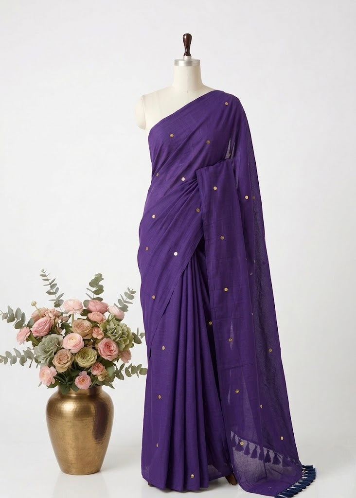 Pure Handloom Mul Cotton Saree – 120 Count Purple With Sequin Motifs