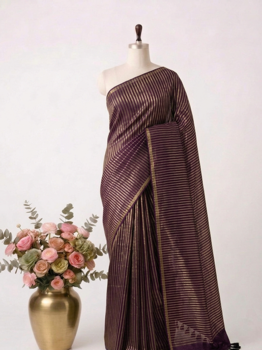 Pure Handloom Mul Cotton  120 Count Purple Saree with Tissue Stripes