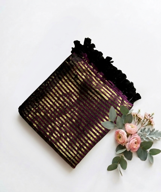 Pure Handloom Mul Cotton  120 Count Purple Saree with Tissue Stripes