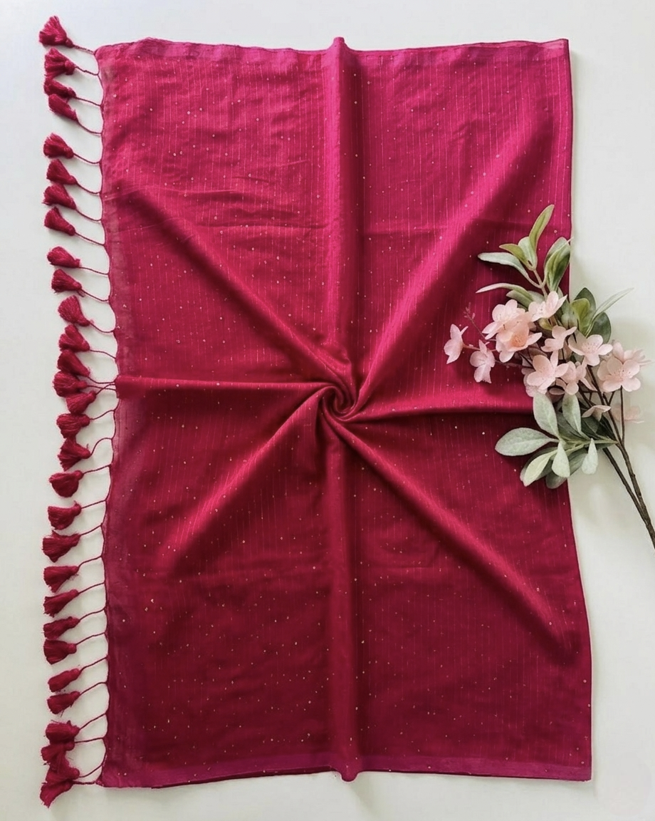 Pure Handloom Mul Cotton 120 Count Rani Pink Sequence Saree