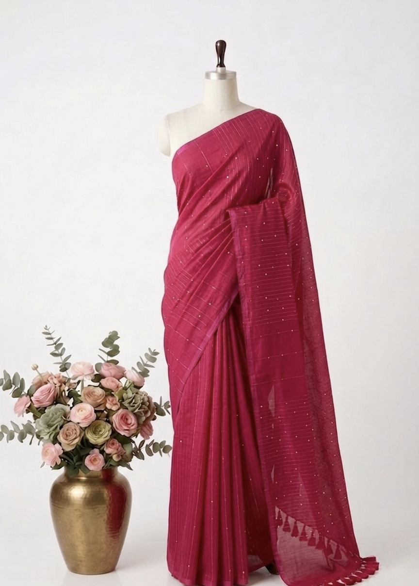 Pure Handloom Mul Cotton 120 Count Rani Pink Sequence Saree